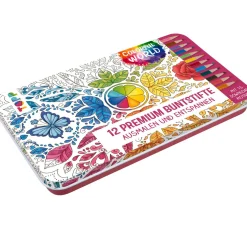 Colorful World Designdose mit 12 Premium-Buntstiften