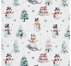 Dekostoff Leinenoptik "Schneemann mit Schlitten"
