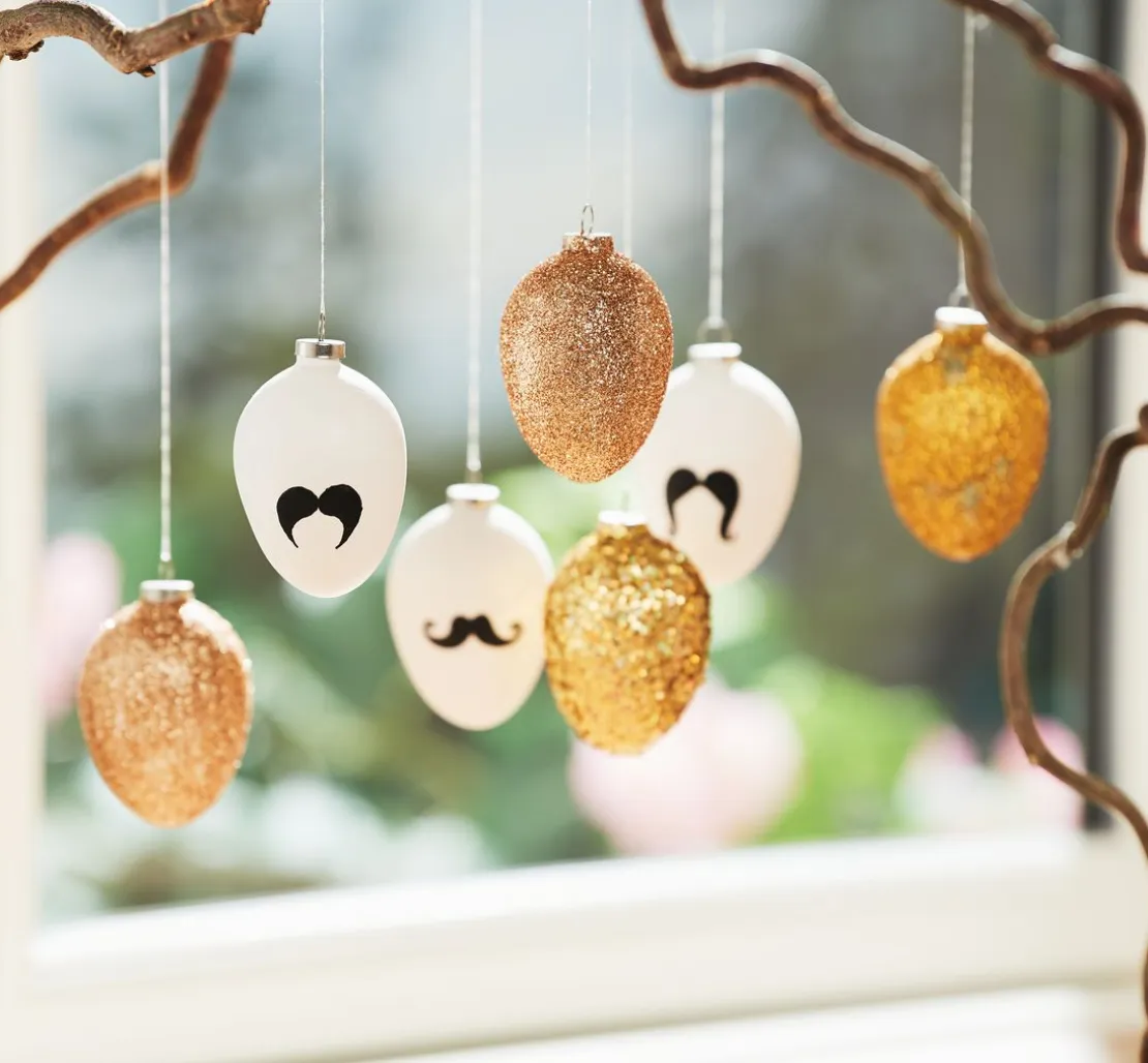 Eier-Anhänger, 12 Stück, Terrakotta, weiß, H 6 cm